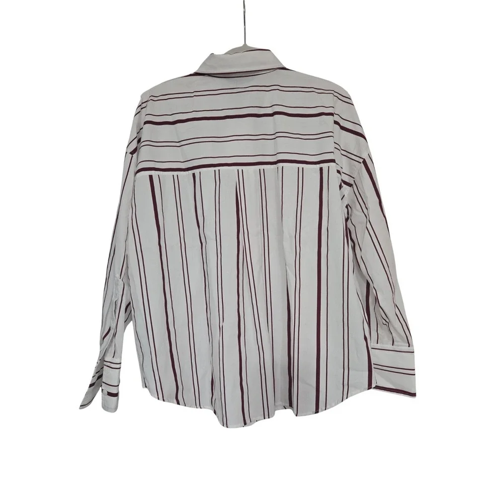 Zara Striped Button Down Relaxed Fit 100% Cotton Burgundy White Size M NWOT - Picture 3 of 9
